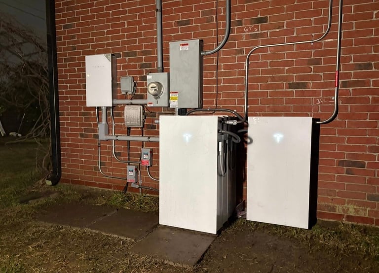 Two white heat pump units against a brick wall with electrical components and conduit wiring mounted above