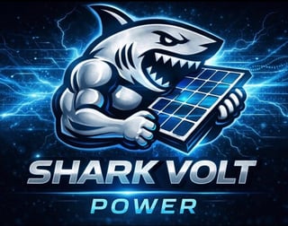 Shark Volt Power logo featuring a muscular shark holding a solar panel against a blue electric background with lightning effects